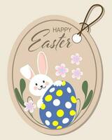 söt påsk kanin med ägg och blommor. påsk klistermärke, märka. vykort, klistermärke, tecknad serie barnslig stil, vektor