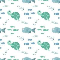 sömlös mönster med hav sköldpaddor och fisk på en vit bakgrund. bakgrund med tecknad serie hav djur. bebis skriva ut, vektor