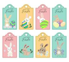einstellen von Ostern Aufkleber, Etiketten. süß Ostern Hase mit Eier und Blumen. Postkarten, Aufkleber, Karikatur kindisch Stil, Vektor