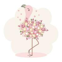 süß Karikatur Flamingo Vogel im zart Blumen mit Herzen. Kinder- Illustration, Postkarte, Pastell- Farben, Vektor