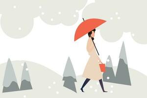 de flicka är gående i de snö med ett paraply. vektor