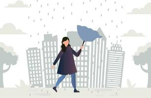 ein Mädchen ist Gehen im das Regen mit ein Regenschirm. vektor