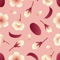 Sakura Blumen, Knospen und Blätter. nahtlos Muster. botanisch Illustration im realistisch Stil, Kirsche Blüte. Hanami Festival. im Rosa Farben. zum Hintergrund, Drucken auf Stoff, Verpackung, Hintergrund. vektor