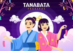 Tanabata Festival Vektor Illustration mit Menschen tragen Kimono und Pfingstrosen Blumen im National Urlaub eben Karikatur Hand gezeichnet Vorlagen