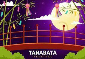 Tanabata Festival Vektor Illustration mit Menschen tragen Kimono und Pfingstrosen Blumen im National Urlaub eben Karikatur Hand gezeichnet Vorlagen
