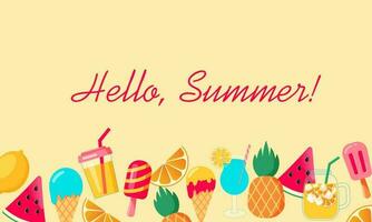 Hallo Sommer- Banner mit Wassermelone, Orangen, Getränke, Cocktails, Zitrone und Kirsche. vektor