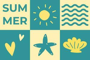 Sommer- positiv Collage. Vektor Illustration von Meer Strand Objekte, Sonne, Hülse, Wellen, Seestern. Text Design.