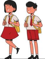 Junge und Mädchen im Schule Uniform mit Rucksäcke. Vektor Illustration.