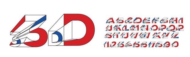 Geometrische Alphabetschrift des 3D. Buchstaben, Zahlen und Symbole.
