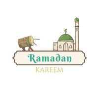 Ramadan Kareem mit Moschee-Ikonenvektor. Etikettenbanner, Aufkleber, Abzeichen, Anzeigen-Popup-Banner vektor