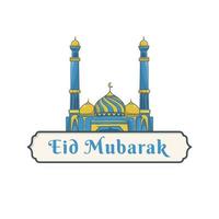 Eid Mubarak mit Moschee-Ikonenvektor. Etikettenbanner, Aufkleber, Abzeichen, Anzeigen-Popup-Banner vektor