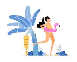 semesterillustrationer av kvinna som bär bikini och rosa flamingoböja genom att frukta bananträd på stranden begreppet isolerad design kan vara för affischer banners annonser webbplatser webb mobil marknadsföring vektor