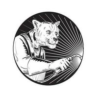 Berg Löwe oder Puma mit Schweißen Fackel Kreis Linie Zeichnung schwarz und Weiß vektor