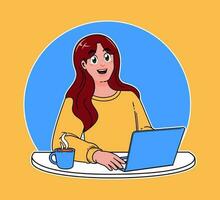 kvinna arbetssätt på en bärbar dator, arbetssätt på genomförande ny idéer på arbete, en kopp av varm kaffe vektor