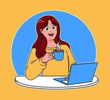 Frau Arbeiten auf ein Laptop, Arbeiten auf Umsetzung Neu Ideen beim arbeiten, ein Tasse von heiß Kaffee vektor