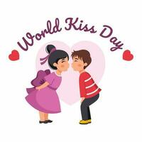 Welt Kuss Tag. ein Junge Küsse ein Mädchen. süß Illustration mit Kinder. ein Paar im Liebe. ein Valentinstag Tag Karte. vektor