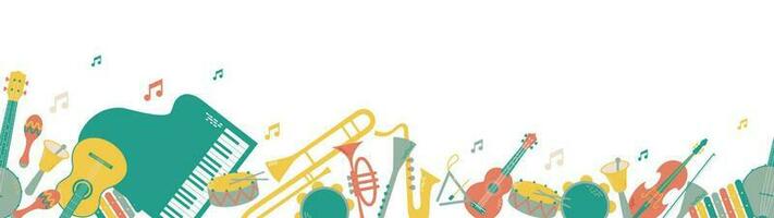 Vektor lange Hintergrund oder Banner mit Musical Instrumente. Orchester beinhaltet Trommel, Marakas, Dreieck, Glocke, Xylophon, Tambourin, Klavier, Trompete, Saxophon, Klarinette, Posaune, Gitarre, Banjo, Ukulele