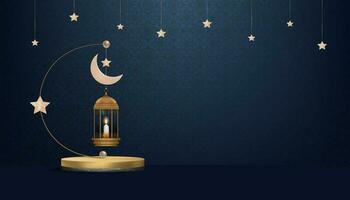 islamisch Podium mit traditionell islamisch Laterne mit Halbmond Mondstern hängend auf Blau Hintergrund, Vektor Hintergrund von Religion von Muslim symbolisch, eid ul fitr, Ramadan kareem, eid al adha, eid Mubarak
