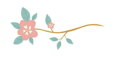 träd gren med grön löv och blommor över vit bakgrund. vektor grafik. konstverk design element. hand dragen illustration