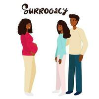 par med surrogat gravid kvinna. vektor illustration platt tecknad serie stil med hand dragen text. adoptiv föräldrar. surrogatmödraskap. afro amerikan