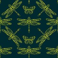 sömlös mönster med sländor och fjärilar. silhuetter av insekter. vektor. vektor