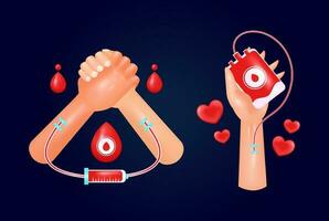 Blut Spender Tag, 3d Vektor von geben Blut zu speichern Leben. geben und Empfang Hände zu spenden Blut. geeignet zum Design Elemente