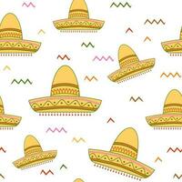 nahtlos Muster mit Mexikaner Sombrero im Gelb Farbe auf Weiß Hintergrund. lustigaztec Banner Mexikaner Design. süß Hintergrund, Abdeckung, wickeln, Textil, Stoff, Paket Vektor Illustration