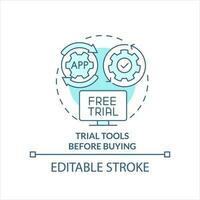 rättegång verktyg innan köpa turkos begrepp ikon. demo version. testning programvara abstrakt aning tunn linje illustration. isolerat översikt teckning. redigerbar stroke vektor