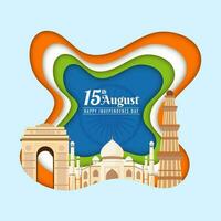abstarct Papier Schnitt Hintergrund mit indisch berühmt Monumente zum 15 .. August, glücklich Unabhängigkeit Tag Konzept. vektor