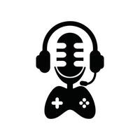 Spielen Kopfhörer und Regler Silhouette mit Podcast Mikrofon Logo Design Vorlage. vektor
