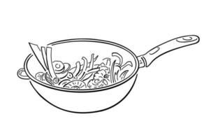 fräsning panorera med mat. wok maträtt. asiatisk, europeisk maträtt. vektor illustration isolerat på vit bakgrund i klotter stil, ikon