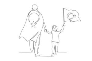 ein Vater und seine Sohn Tragen ein Türkisch Flagge vektor