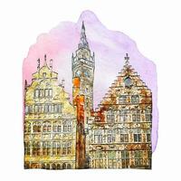 arkitektur gent belgien vattenfärg hand dragen illustration isolerat på vit bakgrund vektor