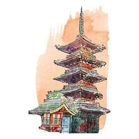 Pagode Japan Aquarell Hand gezeichnet Illustration isoliert auf Weiß Hintergrund vektor