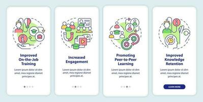 Vorteile von Mikrolernen Onboarding Handy, Mobiltelefon App Bildschirm. Engagement Komplettlösung 4 Schritte editierbar Grafik Anleitung mit linear Konzepte. ui, ux, gui Vorlage vektor