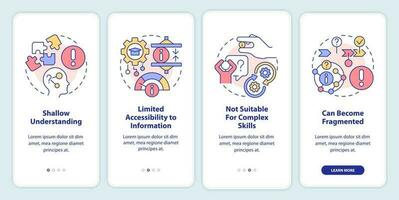 Nachteile von Mikrolernen Onboarding Handy, Mobiltelefon App Bildschirm. Grenzen Komplettlösung 4 Schritte editierbar Grafik Anleitung mit linear Konzepte. ui, ux, gui Vorlage vektor