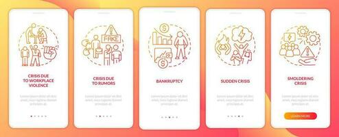 typer av risker röd lutning onboarding mobil app skärm. företag frågor genomgång 5 steg grafisk instruktioner med linjär begrepp. ui, ux, gui mall vektor