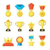 sport trofén tilldela, guld mästerskap bägare och utdelning pris kopp. gyllene utmärkelser på belöningar ceremoni vektor ikoner uppsättning