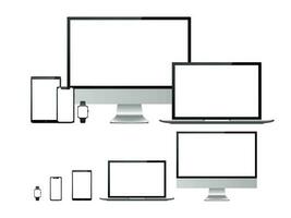dator, bärbar dator, läsplatta, smartphone och smart Kolla på enhet med tom vit skärm. enheter attrapp för presentation isolerat vektor uppsättning