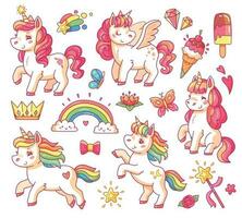 süß fliegend Baby Regenbogen Einhorn mit Gold Sterne und Süss Eis Cremes. Magie wenig Pony Fantasie Einhörner Karikatur Vektor einstellen