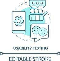 Benutzerfreundlichkeit testen Türkis Konzept Symbol. Benutzer Rückmeldung. Handy, Mobiltelefon zuerst Design testen abstrakt Idee dünn Linie Illustration. isoliert Gliederung Zeichnung. editierbar Schlaganfall vektor