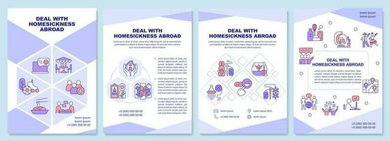 Deal mit Heimweh im Ausland lila Broschüre Vorlage. Auswanderer. Flugblatt Design mit linear Symbole. editierbar 4 Vektor Layouts zum Präsentation, jährlich Berichte