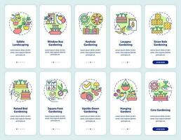 trädgårdsarbete metoder onboarding mobil app skärm uppsättning. plantering genomgång 5 steg redigerbar grafisk instruktioner med linjär begrepp. ui, ux, gui mall vektor