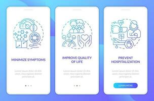 mål av kronisk sjukdom förvaltning blå lutning onboarding mobil app skärm. genomgång 3 steg grafisk instruktioner med linjär begrepp. ui, ux, gui mall vektor