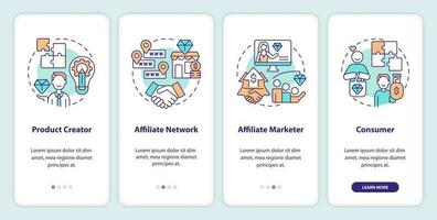 Parteien im Affiliate Marketing Onboarding Handy, Mobiltelefon App Bildschirm. Geschäft Komplettlösung 4 Schritte editierbar Grafik Anleitung mit linear Konzepte. ui, ux, gui Vorlage vektor