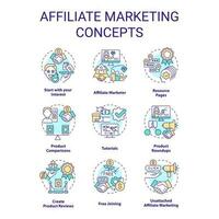 Affiliate Marketing Konzept Symbole Satz. Geschäft Partnerschaft mit Influencer Idee dünn Linie Farbe Illustrationen. isoliert Symbole. editierbar Schlaganfall vektor