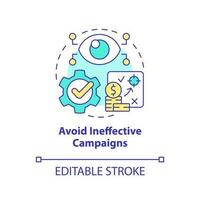 undvika ineffektiv kampanjer begrepp ikon. välja strategi. orsakssamband forskning fördel abstrakt aning tunn linje illustration. isolerat översikt teckning. redigerbar stroke vektor