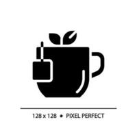 Tee Pixel perfekt schwarz Glyphe Symbol. wohltuend heiß trinken. warm Getränk. Englisch Frühstück. Kräuter- Infusion. Silhouette Symbol auf Weiß Raum. solide Piktogramm. Vektor isoliert Illustration