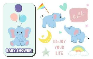 Baby Elefant Objekt mit Stern, Herz, Mond, Regenbogen zum Geburtstag Postkarte vektor