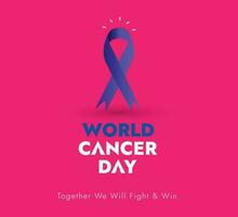 Welt Krebs Tag. Welt Krebs Tag Bewusstsein Banner. 4 Februar Welt Krebs Tag Banner mit lila Band auf Rosa Hintergrund. Krebs Bewusstsein Kampagne. zusammen wir werden Kampf und gewinnen. 4 .. Februar. vektor